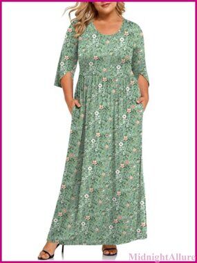 Plus Size Maxi Dress 3/4 Sleeve Casual Pockets Rayon Spandex